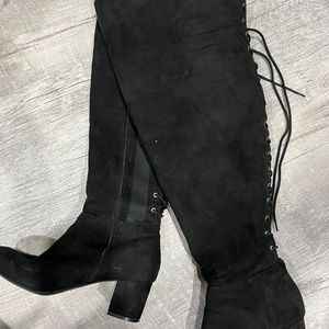 Black Faux Suede Corset Over-The-Knee Boot (WW)